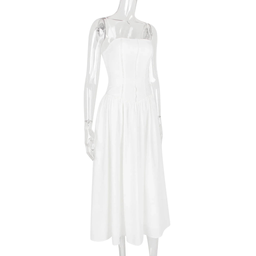 The Saint-Tropez Knotted Gown | French Corset-Detail Spaghetti Strap Mini | Flowy White Summer Beach Dress | Parisian Princess