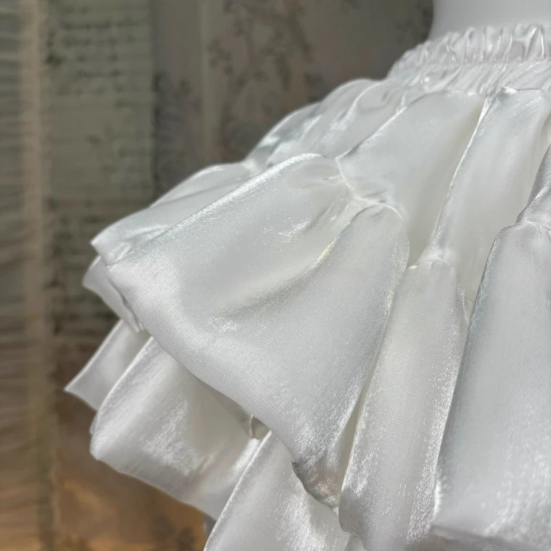The Trianon White Ruffle Cake Skirt | Elastic Waist Lace Mini Skirt | Vintage A-Line Summer Skirt | Parisian Princess