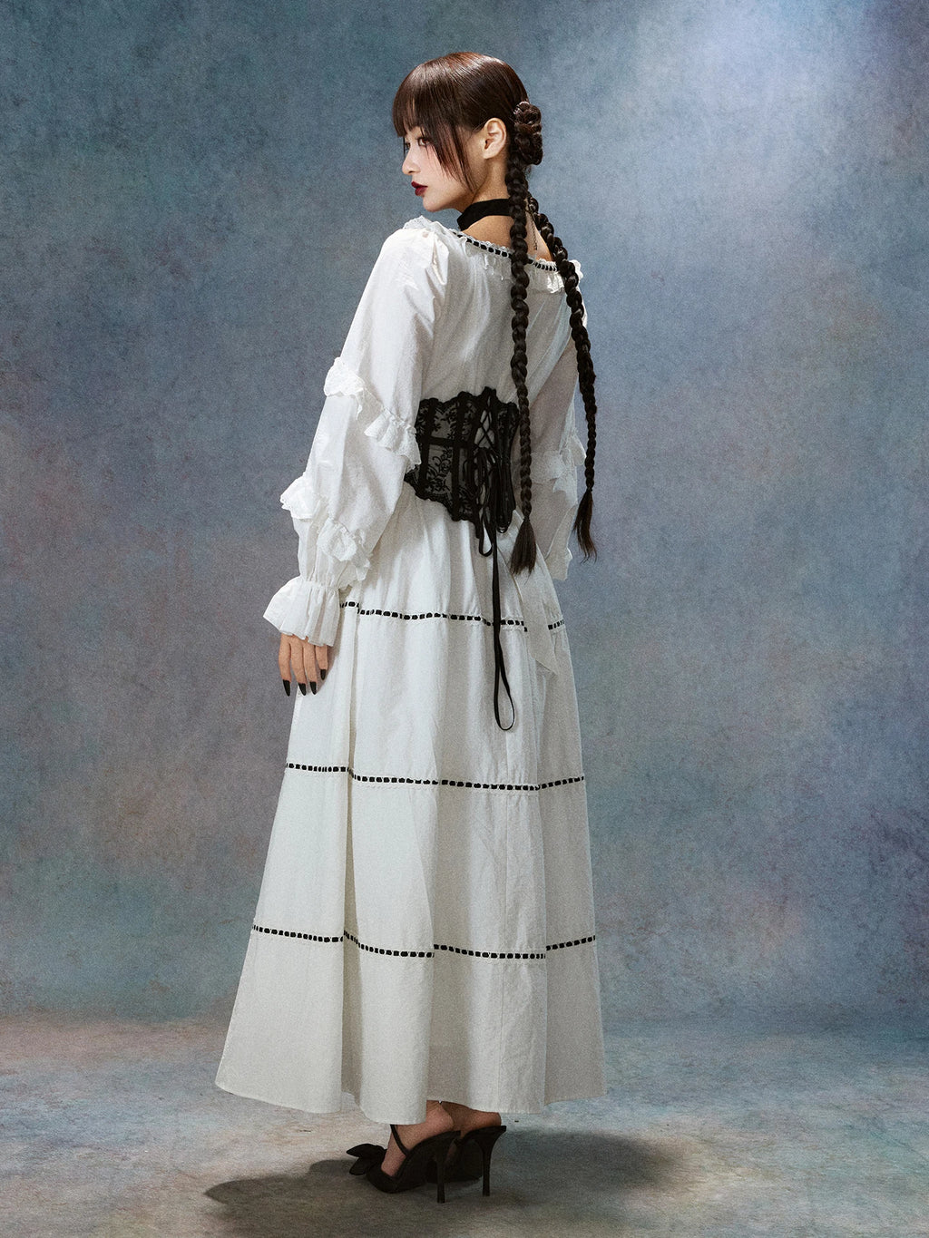 Gothica Parisian Fall White Maxi Dress Women Vintage Elegant Slim Lace Collar Long Sleeve French Halloween Dress