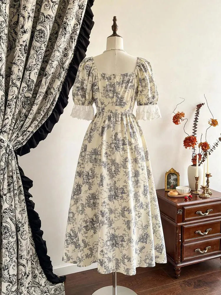 Parisian Botanical Print Long Dress Woman Square Neck Lace Short Puff Sleeves Slim Party Dresses French Cute Birthday Dress