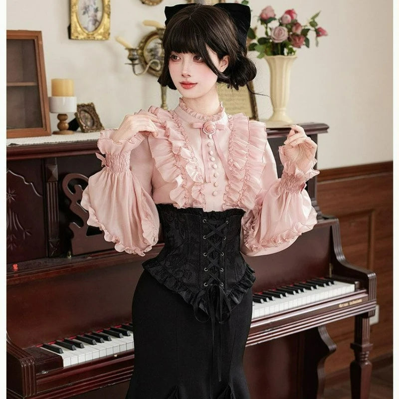 The Parisian Muse Ruffle Blouse | French Vintage Flare Sleeve Top | Elegant Slim Blouse | Parisian Princess