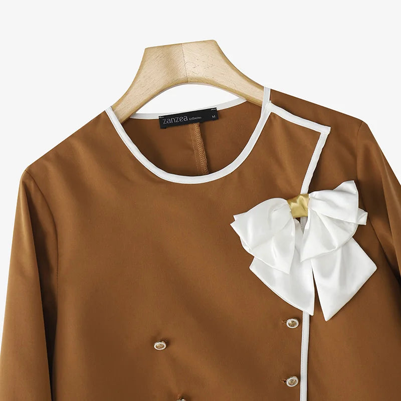 Parisian Elegant Blazer Double Breasted Long Sleeve Coats Women Fashion Bow Office Outerwear 2025 Casual Street Jackerts