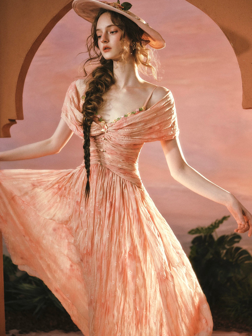 The Caprician Sunset Oil Painting Gown | Coral Shimmer Fairy Skirt | 3/4 Sleeve A-Line Dress | Parisian Princess