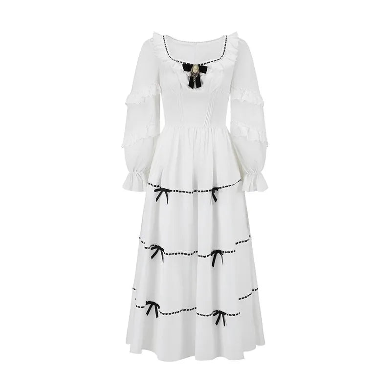 Gothica Parisian Fall White Maxi Dress Women Vintage Elegant Slim Lace Collar Long Sleeve French Halloween Dress