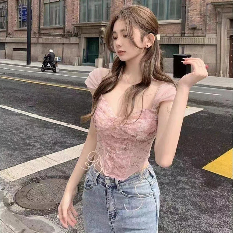 Flower Lace Tank Top Fish Bone Crop Design Inner Strap French Tube Tops Y2k Cute Pink Corset Summer Wear