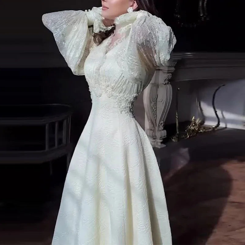 French Sexy Lace Embroidered Jacquard Dress Woman V Neck High Waist Crochet Evening Dresses Autumn Puff Sleeve Tie-up Maxi Dress