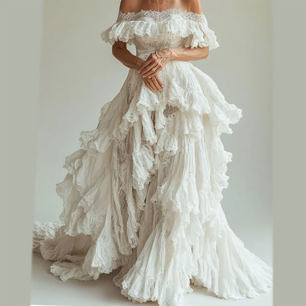 The Fontainebleau Tiered Lace Gown | Off-Shoulder Beaded Wedding Dress | Strapless A-Line Bridal | Parisian Princess