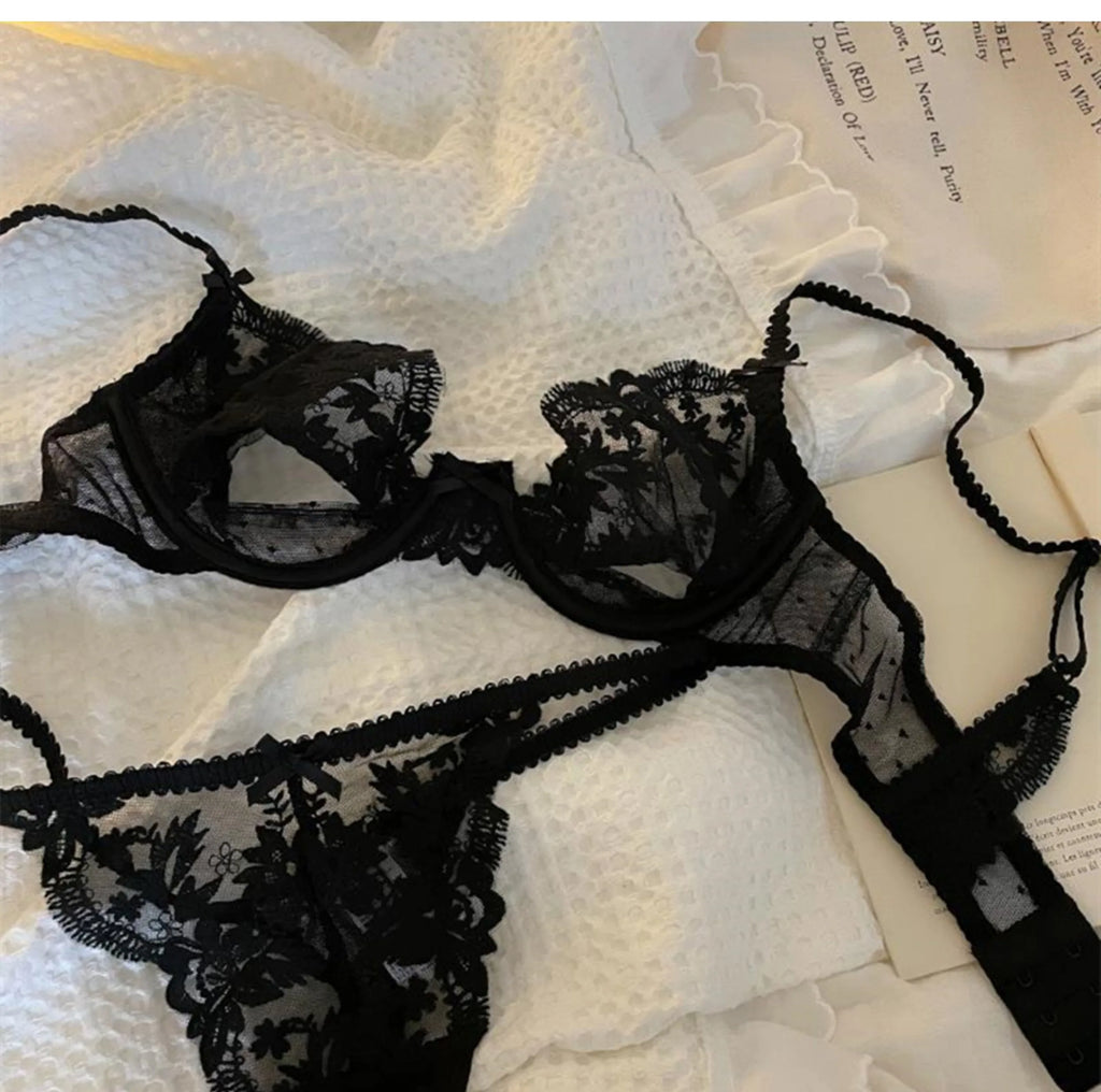 The Jardin Floral Lace Bra & Brief Set | Push-Up Underwire 3/4 Cup | Lace Lingerie | Black & White | Parisian Princess