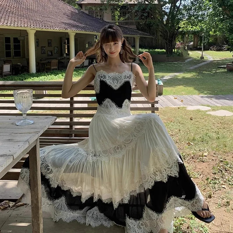 The Midnight Shore Gown | Gothica Summer Holiday Suspenders Dress | Backless Lace Patchwork Vacation Sling | Parisian Princess
