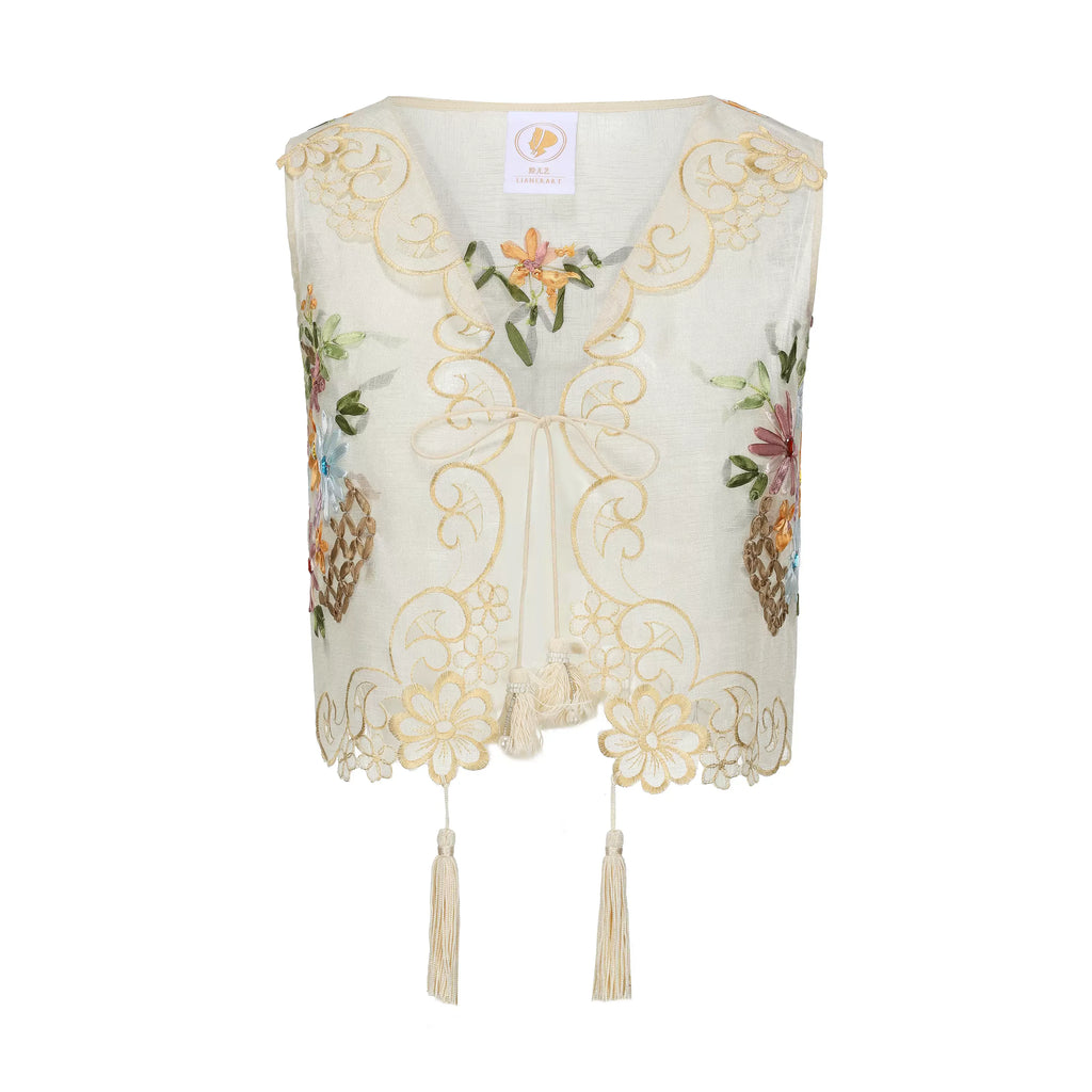 The Trianon Embroidered Vest | French Cotton Floral Waistcoat | Vintage Botanical Tassel Gilet | Parisian Princess