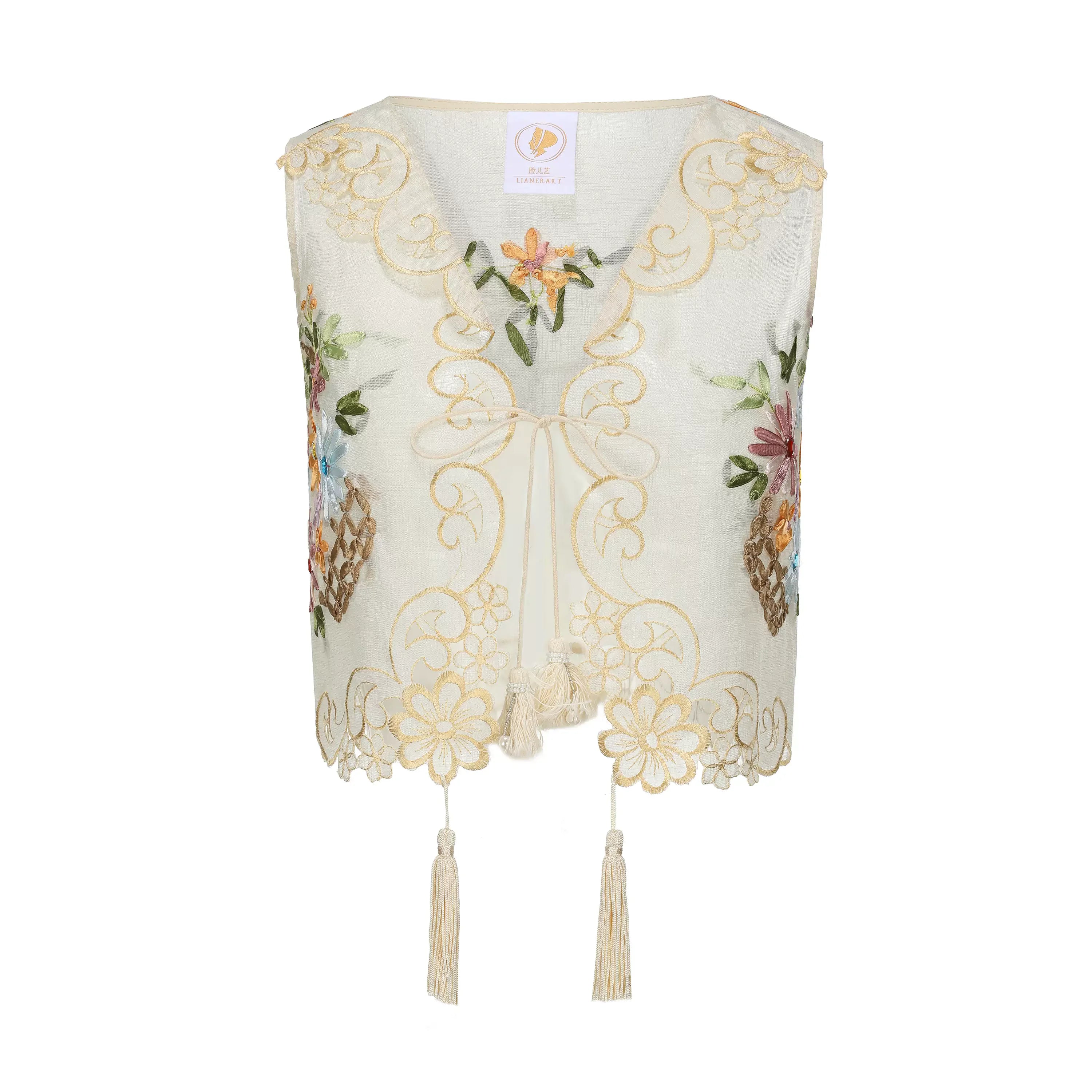 The Trianon Embroidered Vest | French Cotton Floral Waistcoat | Vintage Botanical Tassel Gilet | Parisian Princess