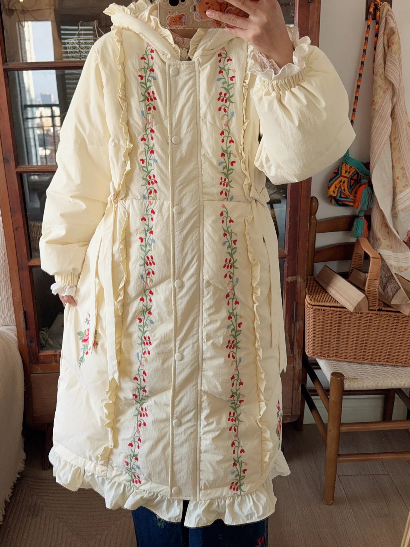 Parisian Women Full Sleeve Long Mid-Calf Thick Outerwear Hoode Zipper Down Jacket Embroidery Warm Coats Japanese Style