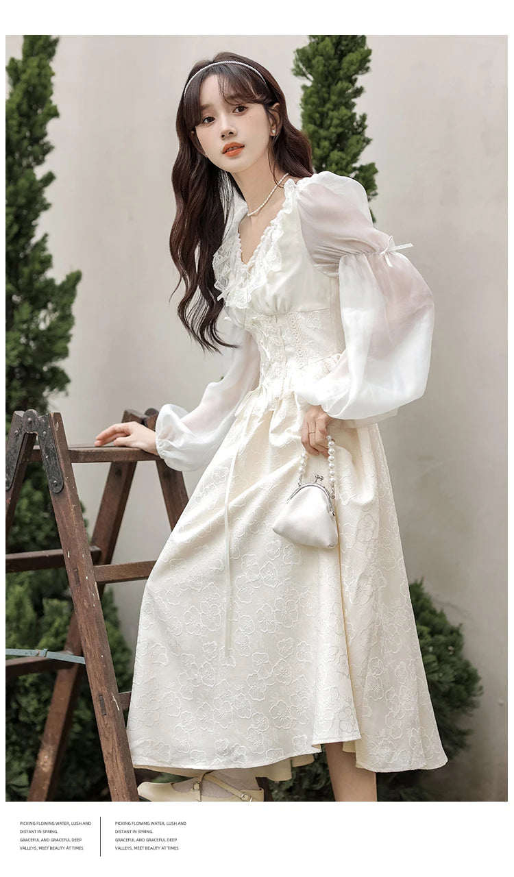 French Fairy Lantern Sleeve Midi Dress for Women Summer Elegant Retro Slim Sweet Party One Piece Dress Korean Casual Clothes