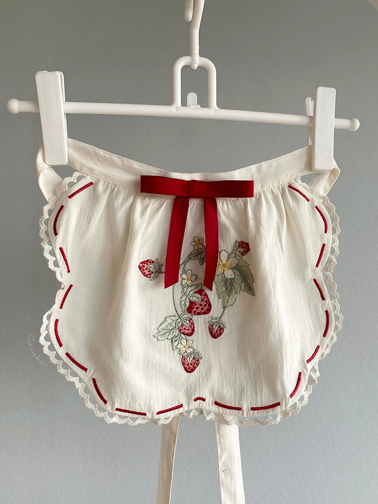 Parisian Cottagecore Original Strawberry Embroidery Cute Apron Soft Girl Sweet Lolita Dress Versatile Apron Women's Y2k Accessories