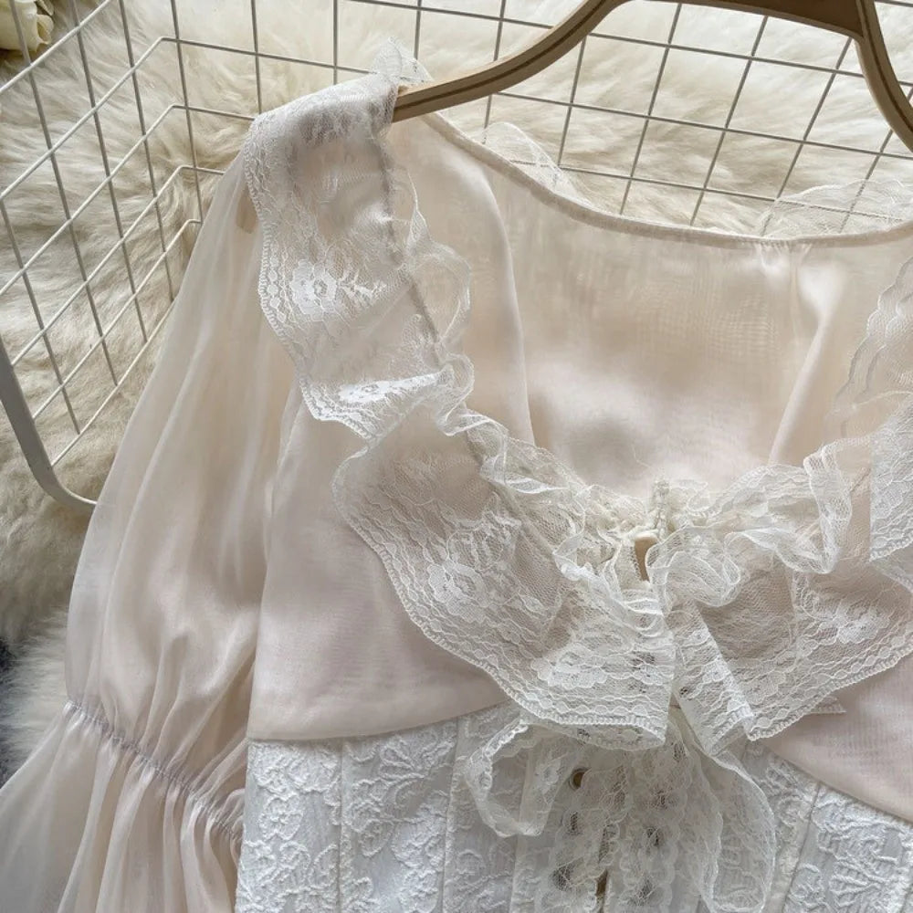The Élodie Chiffon Manteau | Parisian Ruffled Lace Blouse | Retro Mesh Lantern Sleeve Top | French Riviera Vacation Blouse