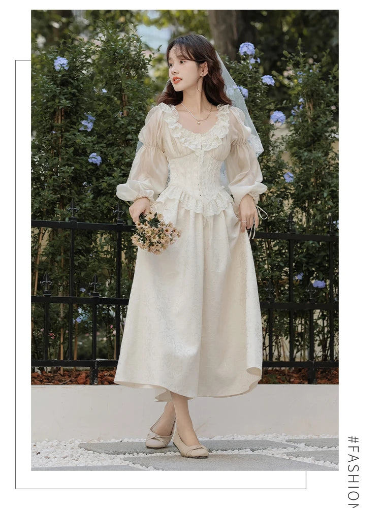 The Ethereal Princess Tatting Gown | Fairycore Lace Midi | French Square Neck Princess Sleeve Vestido | Parisian Princess