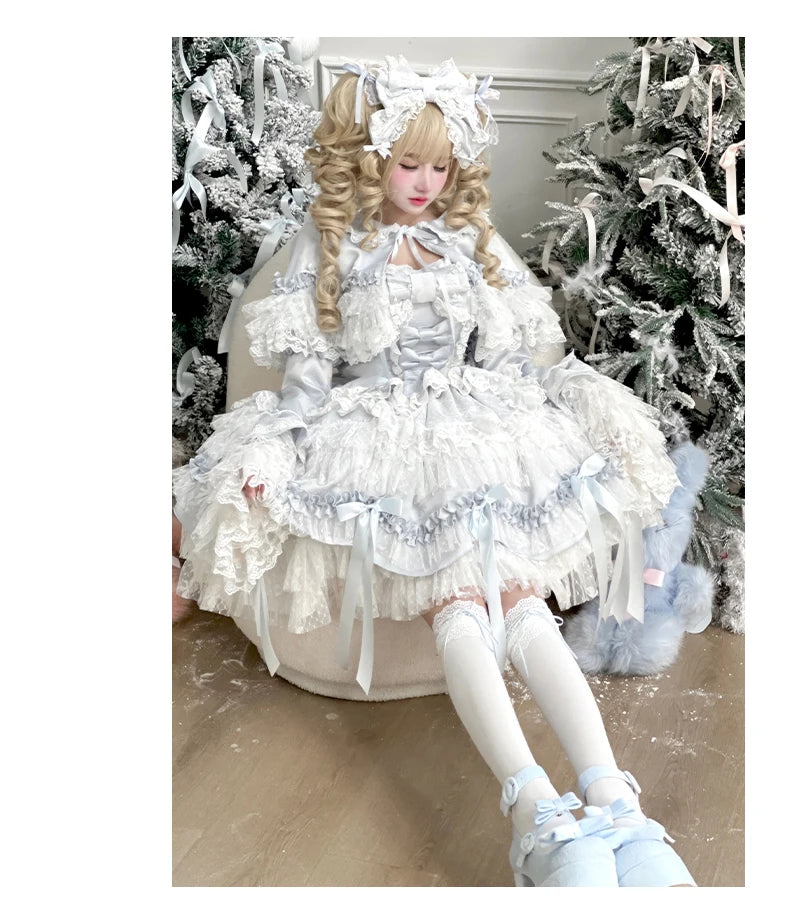 Pink Lolita Princess Dress Women's Bow Lace Heavy Industry Sweet Elegant Birthday Party Evening Dress Lady Suspender Dress Cloak