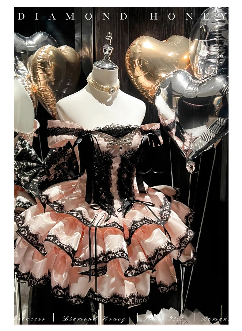 Princess Romantic Date Anniversary Wedding Party Pink Dress Girls Women's Sweet Lolita Halter Off-Shoulder Ball Gown Dresses