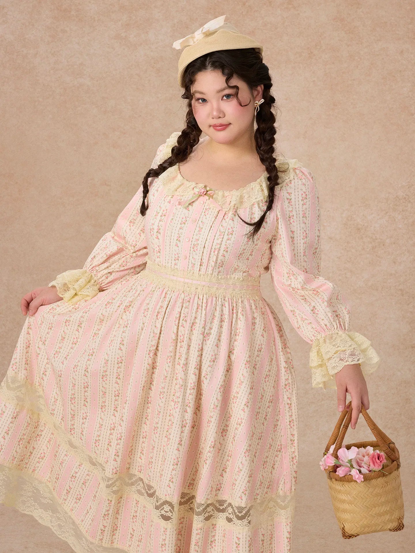 The Curvy Court Bordeaux Beauty Dress | French Lace-Up Lantern Sleeve Maxi | 100% Botanical Cotton Print Gown | Vintage Parisian High-Waist Fit & Flare