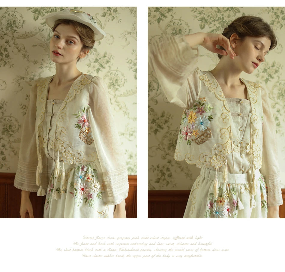 The Antoinette Tassel Embroidery Vest | French Antique Floral Cotton Gilet | Open-Stitch V-Neck | Parisian Princess