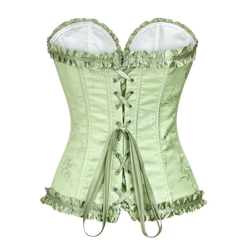 Yellow Jacquard Ruffled Trim Boned Sexy Overbust Push Up Bustier Top Corset Mujer Slimming Corsets For Women Sexy Gothic Clothes