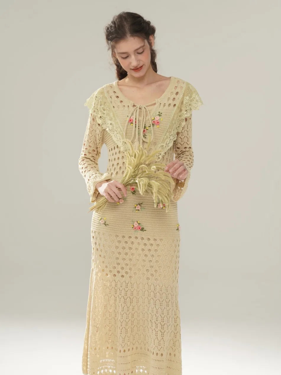 The Versailles Rose Knitted Fishtail | Hand-Embroidered Silk Blend Dress | French V-Neck Gown | Parisian Princess