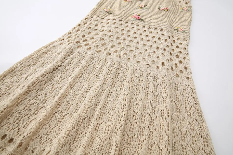 The Versailles Rose Knitted Fishtail | Hand-Embroidered Silk Blend Dress | French V-Neck Gown | Parisian Princess
