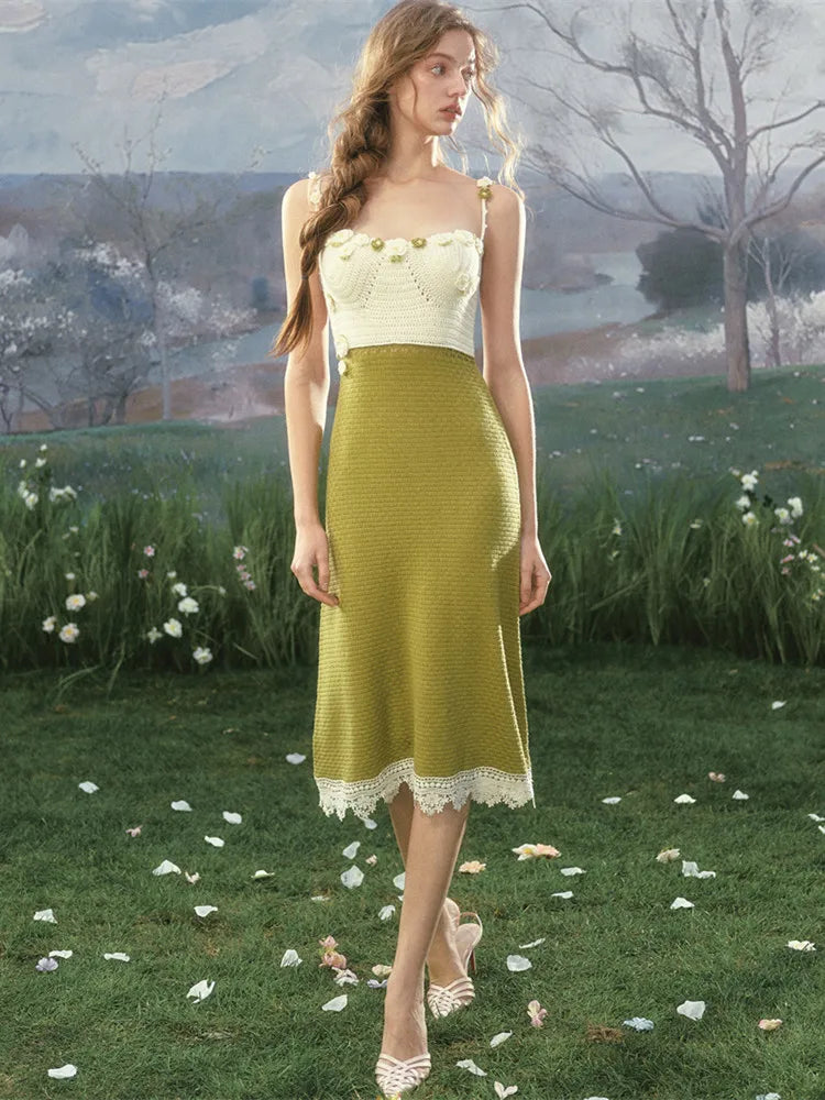 The Garden Princess Crochet Set | Wool Knitted Cardigan & Midi Dress | Handmade Floral Hollow-Out Two-Piece | Parisian Princess