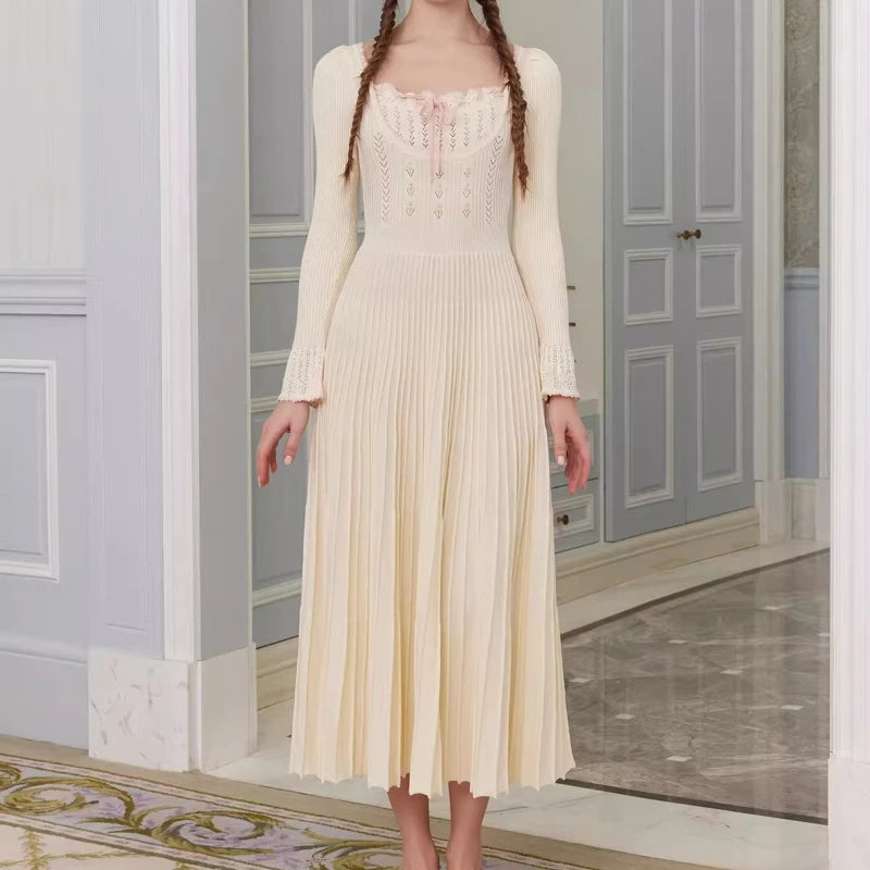 76-88cmBust FallWinter Long Pleated Dress Women Vintage ElegantSlim Embroidery Square Neck Flare Sleeve 100%Cotton Knitted Dress