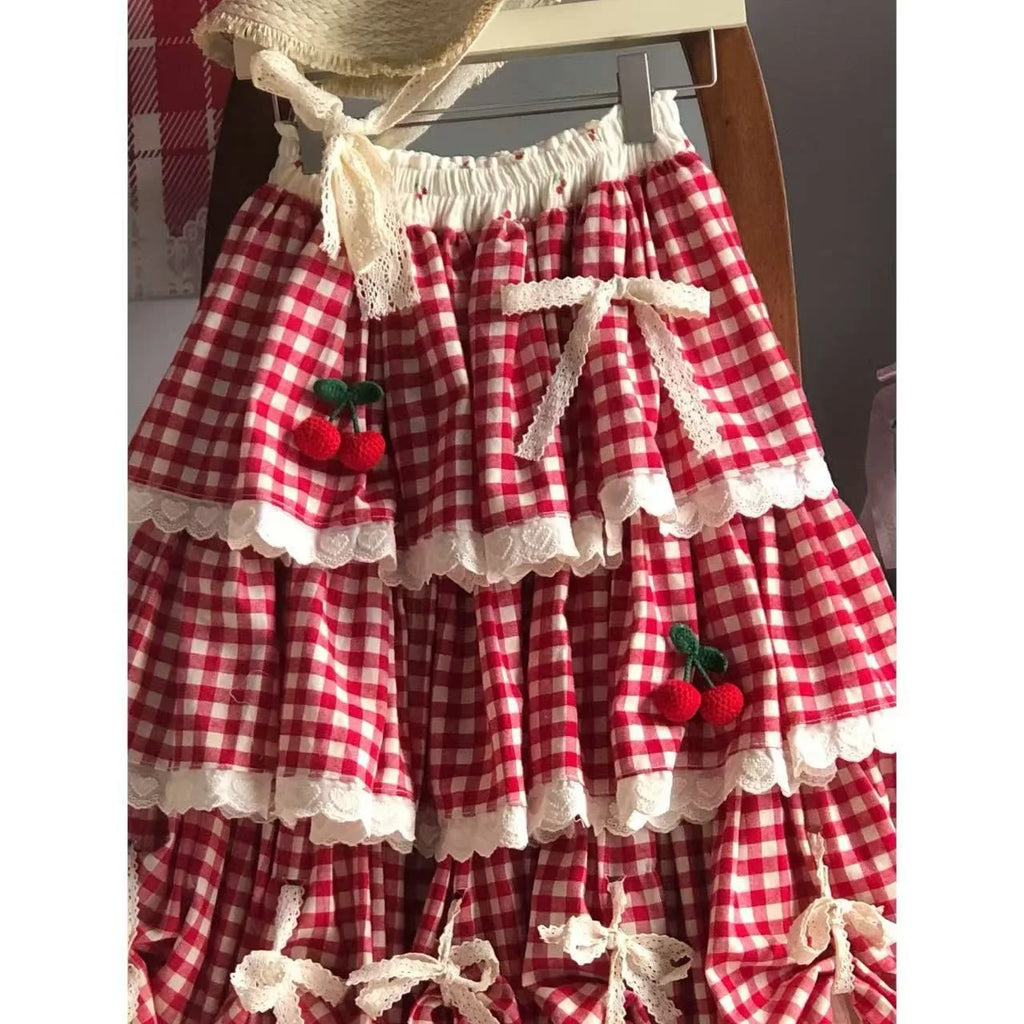 Sweet Multi-Layered Ruffle Cake Skirt Women's Parisian Cottagecore Cherry Design Lace Half Skirt Fresh And Cute Style Midi Skirt
