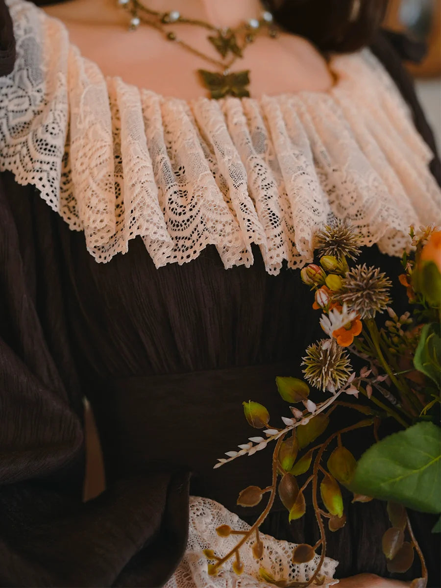 Parisian Women French Court Retro Lace Corset Puff Sleeve Jacquard Texture Dress