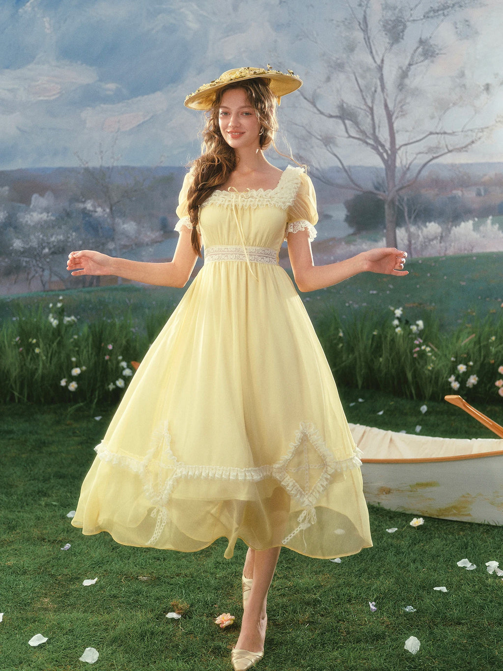 The Provence Lemon Lace Gown | Bubble Sleeve Countryside Midi | Waist-Cinching Princess Dress | Parisian Princess