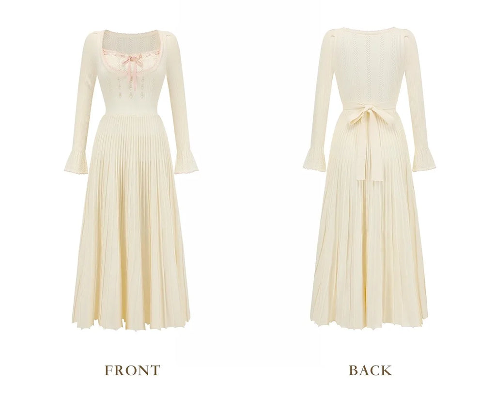 76-88cmBust FallWinter Long Pleated Dress Women Vintage ElegantSlim Embroidery Square Neck Flare Sleeve 100%Cotton Knitted Dress