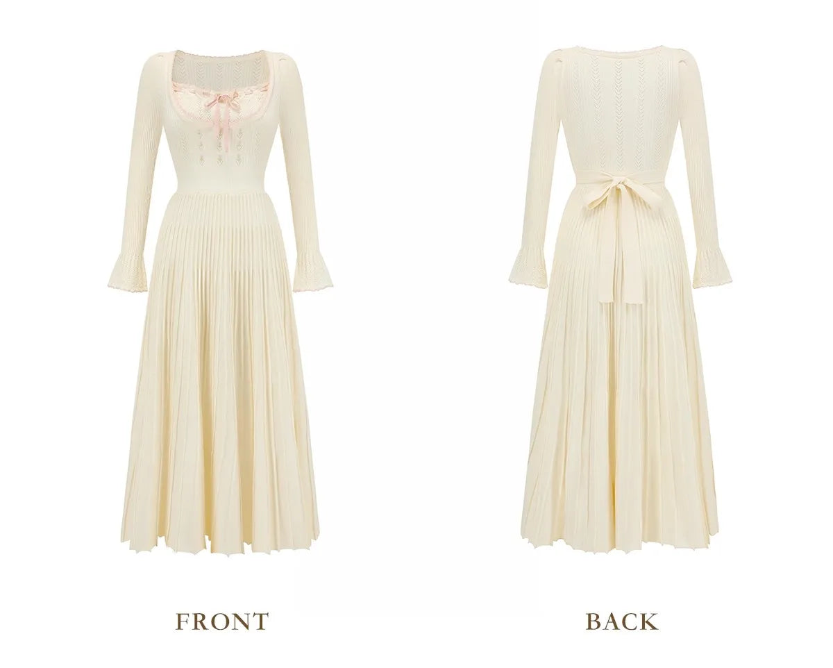 76-88cmBust FallWinter Long Pleated Dress Women Vintage ElegantSlim Embroidery Square Neck Flare Sleeve 100%Cotton Knitted Dress