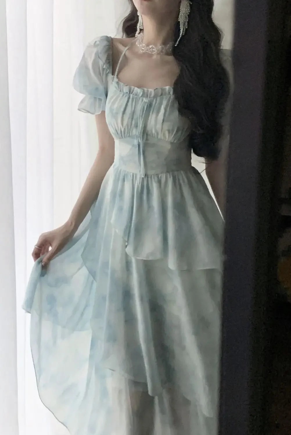 The Giverny Chiffon Gown | French Floral Empire Dress | Square Collar Fold-Detail Midi | Parisian Princess