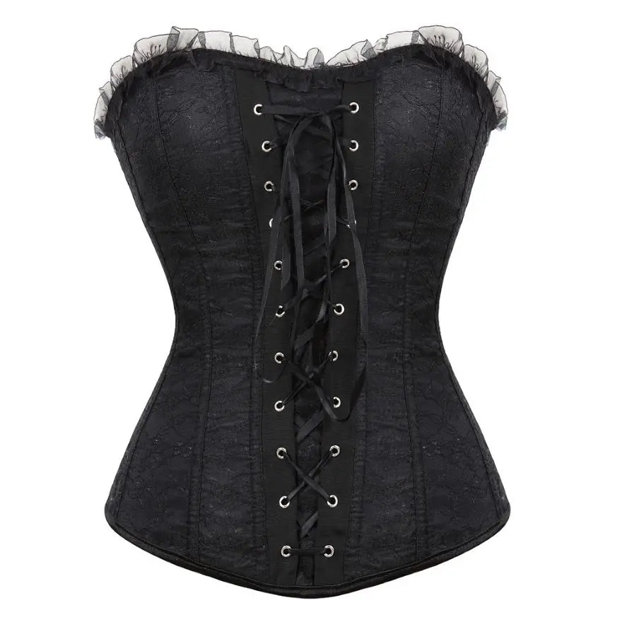 Sexy Lace Overbust Corset Top Women Vintage Satin Bow Bustier Lingerie With Zipper Plus Size Body Shaper Burlesque Corsets