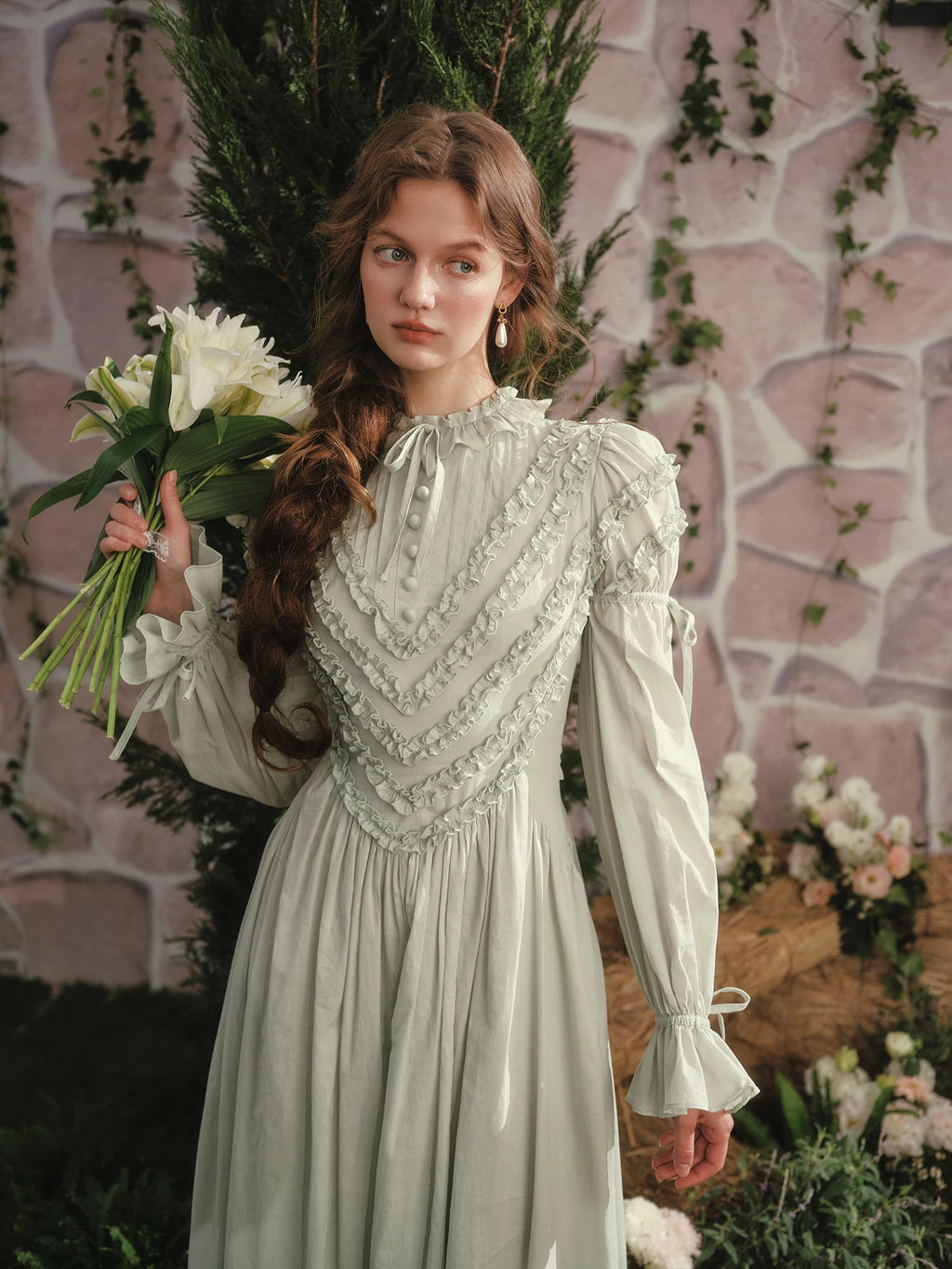 Parisian Princess French Dress Full Lantern Sleeve Long Maxi Ladies XS-XL Vintage High Waist 100% Cotton Lace Up 2025 New