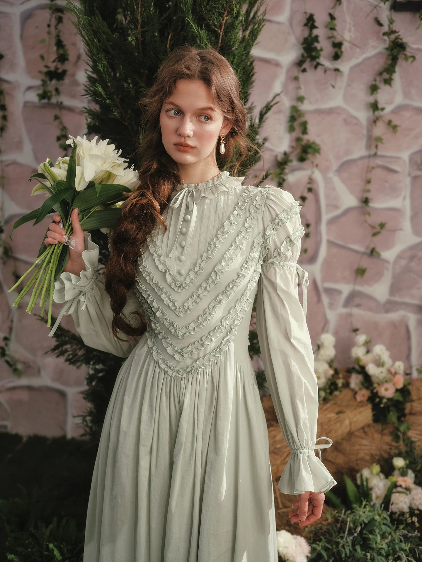 Parisian Princess French Dress Full Lantern Sleeve Long Maxi Ladies XS-XL Vintage High Waist 100% Cotton Lace Up 2025 New