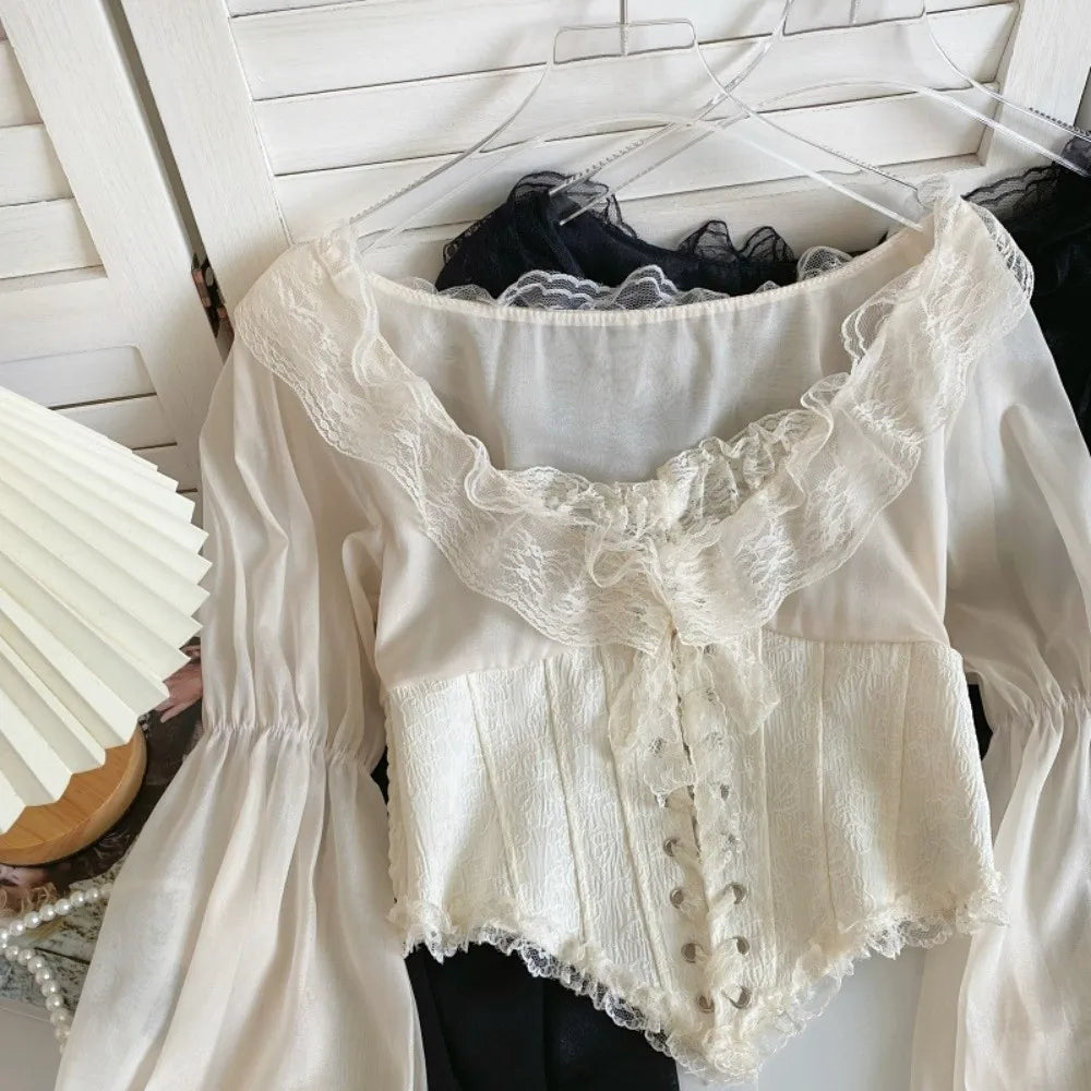The Élodie Chiffon Manteau | Parisian Ruffled Lace Blouse | Retro Mesh Lantern Sleeve Top | French Riviera Vacation Blouse