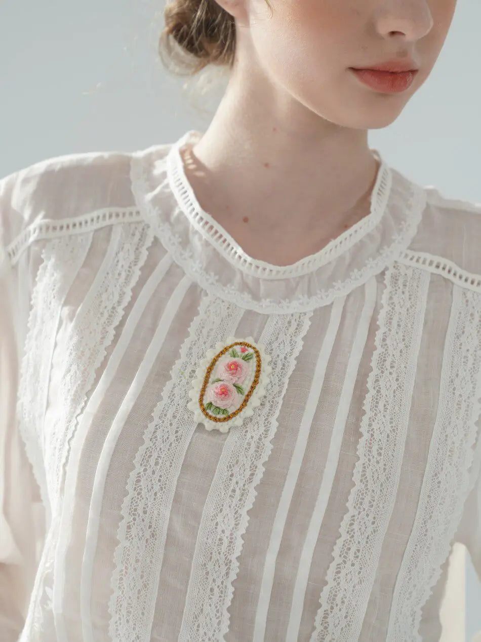 The Palais Rose Ramie Blouse | 100% Ramie Thin White Blouse | French Vintage Handmade 3D Rose Embroidered O-Neck Loose Top | Parisian Princess
