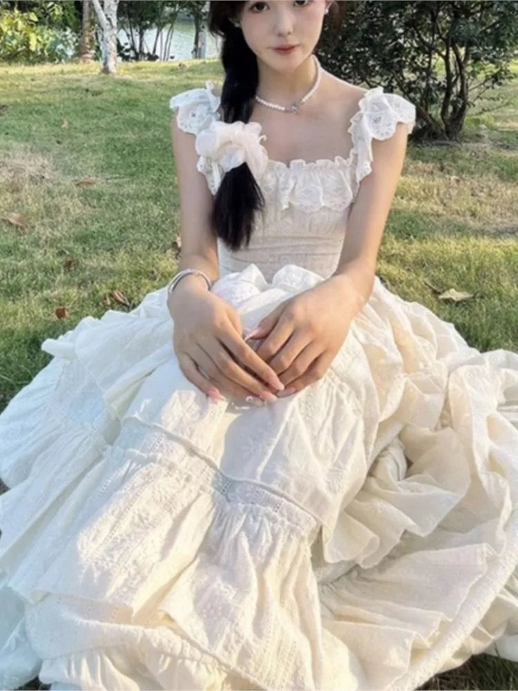 Vintage French Style Ruffles Square Collar Dress Women Summer Holiday Style Sleeveless Fairy Party Dress Fashion Female Clothes