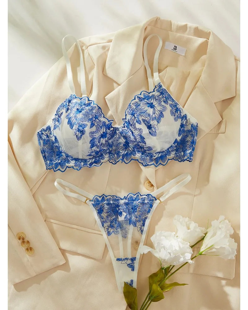 Parisian Blue Lingerie Set Blue Sexy Comfortable Lingerie Set For Women Simple Sexy Perspective Lace Pure Lingerie Suit