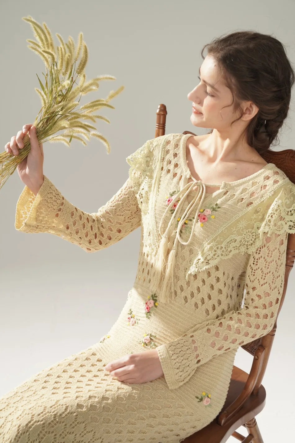 The Versailles Rose Knitted Fishtail | Hand-Embroidered Silk Blend Dress | French V-Neck Gown | Parisian Princess