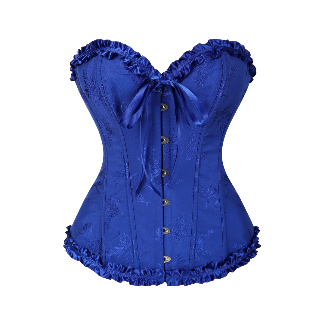 Yellow Jacquard Ruffled Trim Boned Sexy Overbust Push Up Bustier Top Corset Mujer Slimming Corsets For Women Sexy Gothic Clothes