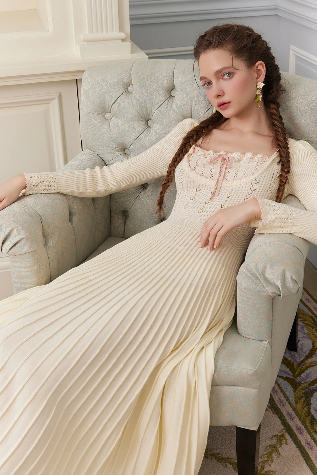 76-88cmBust FallWinter Long Pleated Dress Women Vintage ElegantSlim Embroidery Square Neck Flare Sleeve 100%Cotton Knitted Dress