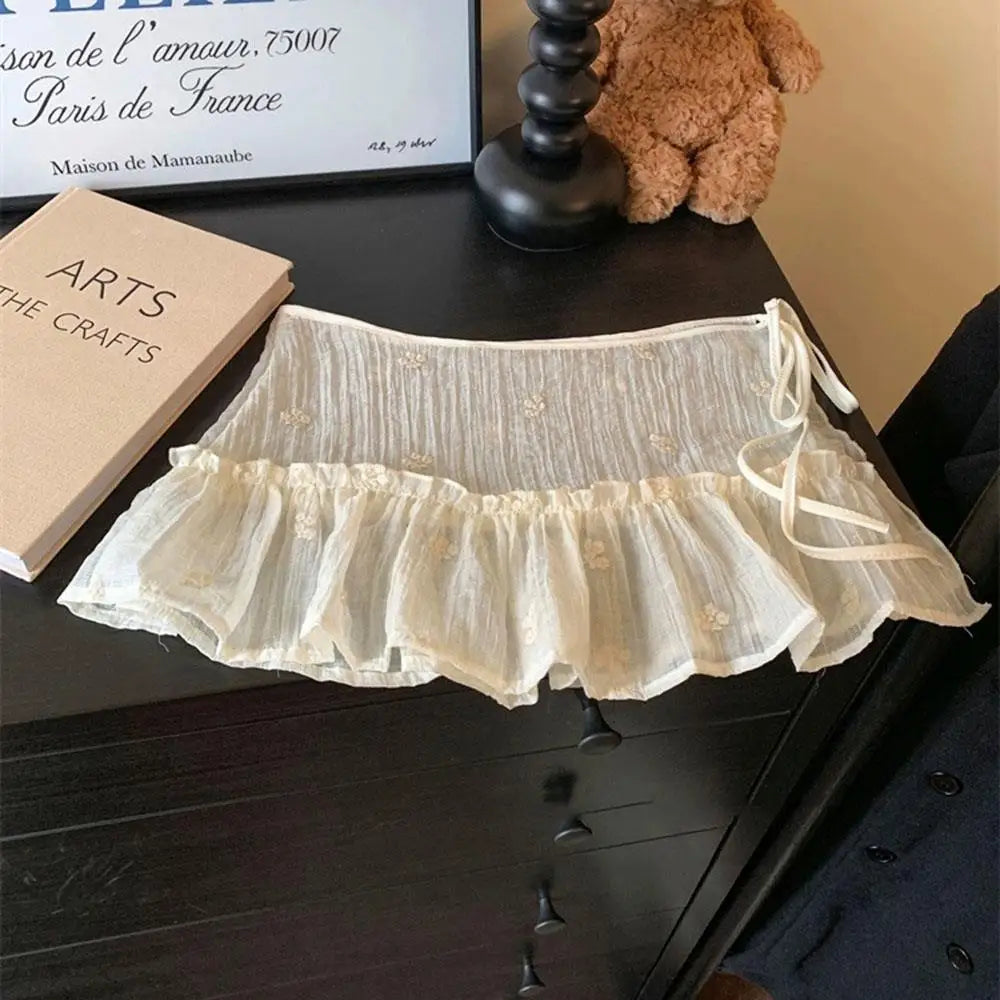 Lace Mini Skirts Women Elegant Sweet Lolita Short Skirts High Waist Ruffle Skirts Lace Trim Butt Curtain Skirt