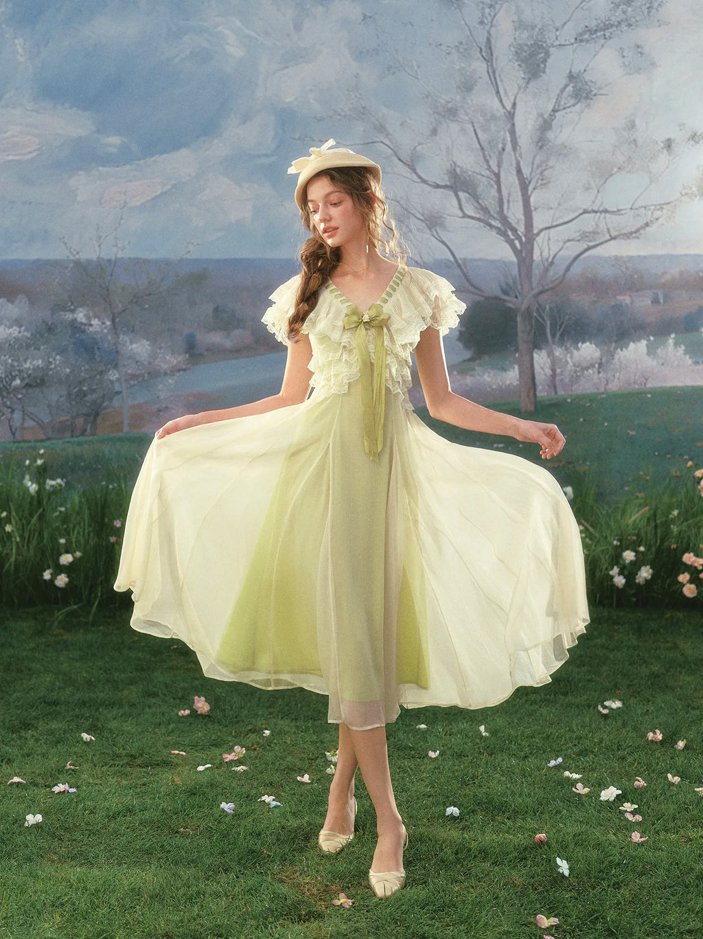 The Spring Meadow Butterfly Lace Gown | French Pastoral V-Neck Midi | Empire Waist Princess Dress | Parisian Princess