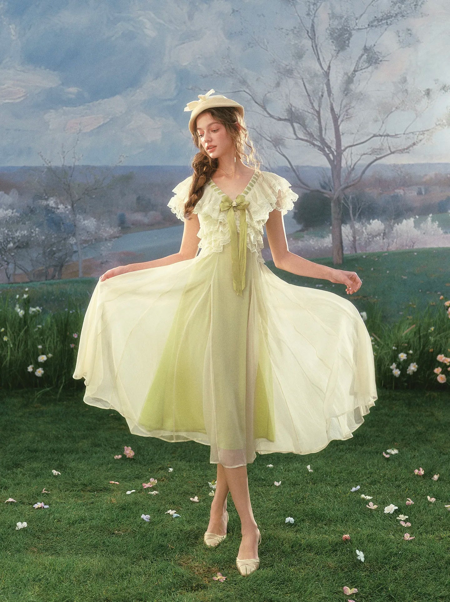 The Spring Meadow Butterfly Lace Gown | French Pastoral V-Neck Midi | Empire Waist Princess Dress | Parisian Princess