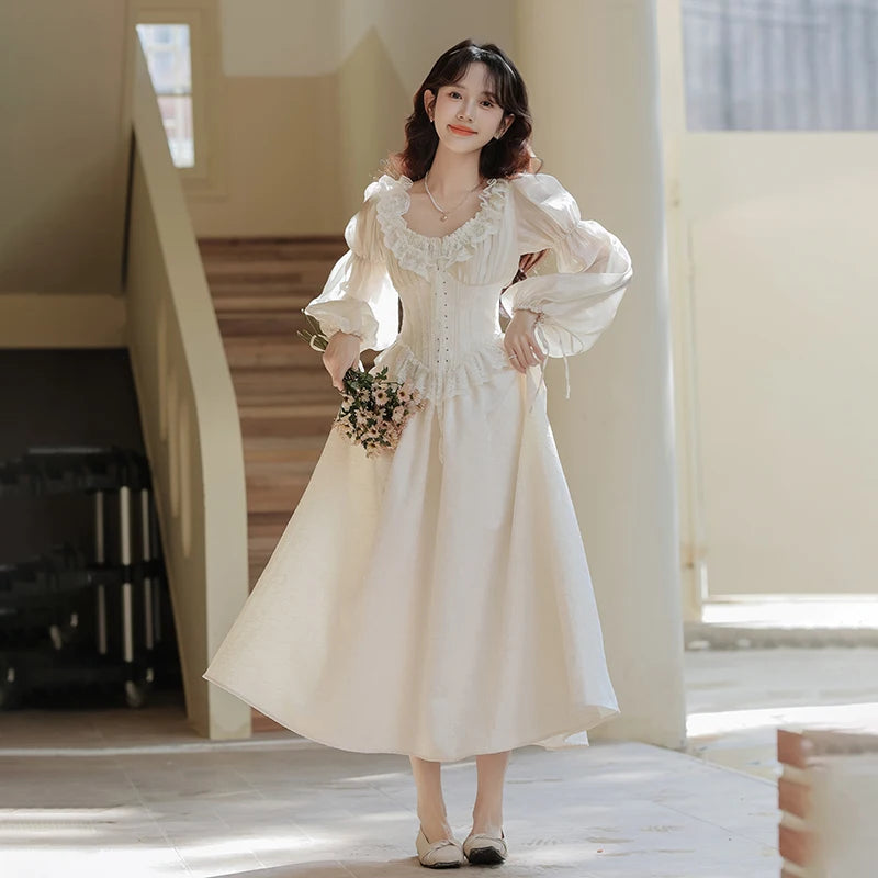 The Ethereal Princess Tatting Gown | Fairycore Lace Midi | French Square Neck Princess Sleeve Vestido | Parisian Princess