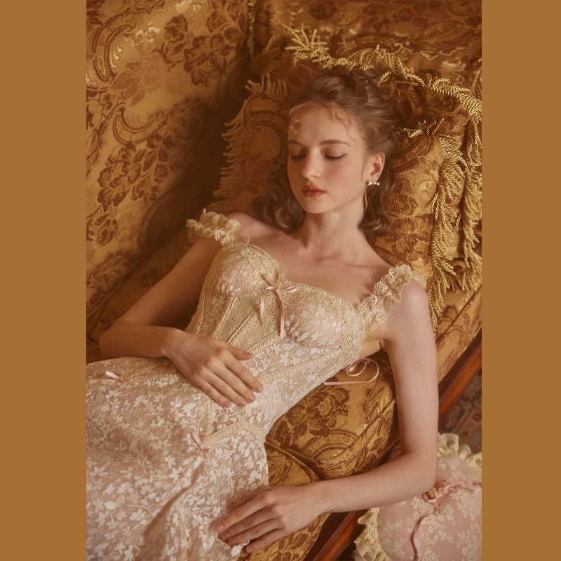 The Palais Floral Lace Midi | Long Sleeve Pleated Party Dress | French Palace A-Line Gown | Parisian Princess